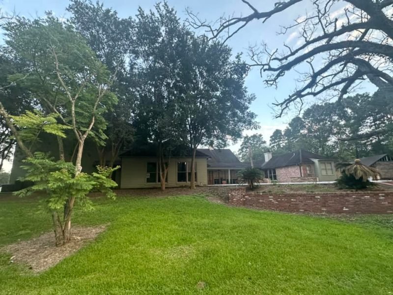 Single-story homes with new shingle roofs set back under mature trees
