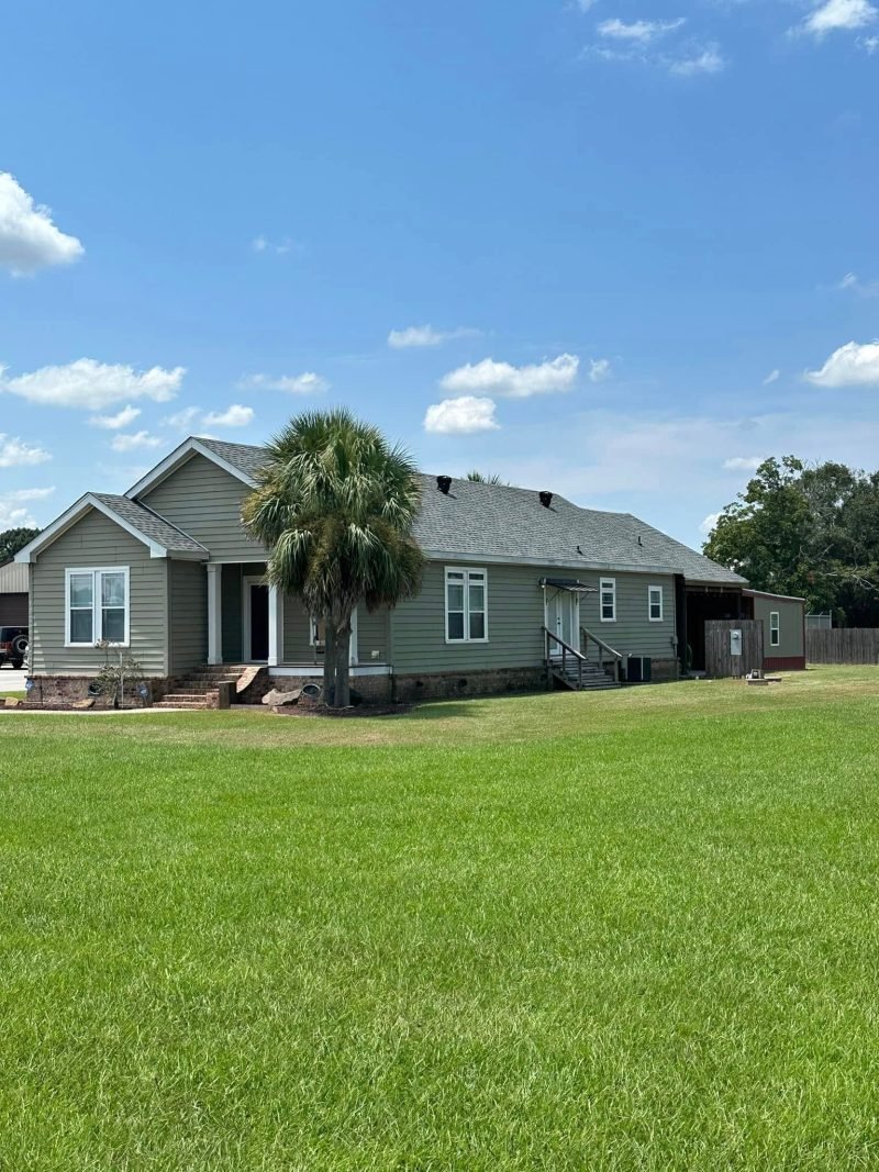 Gray-green siding home with a new gray roof and a palm tree in the lawn