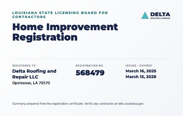 Summary of Delta Roofing and Repair LLC registration 568479 with the Louisiana State Licensing Board for Contractors